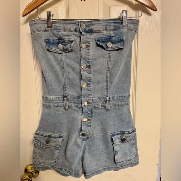 Denim Strapless Jumpsuit/Romper - Picture 2 of 4